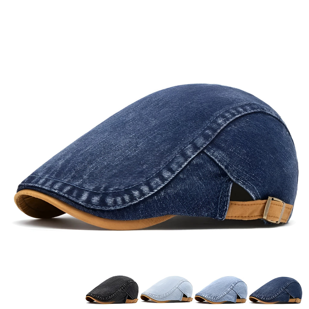 Men's washed-out denim contrast colour beret with flat-top crown and adjustable cotton fit