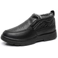 Black and brown fleece-lined men's winter slip-on shoes with a waterproof PU upper and rubber sole.