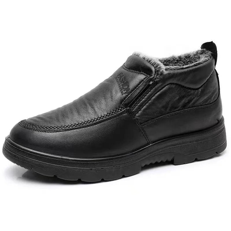 Black and brown fleece-lined men's winter slip-on shoes with a waterproof PU upper and rubber sole.