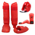 Red and blue karate protective gear set showing leg guards, helmet, and boxing gloves for martial arts training