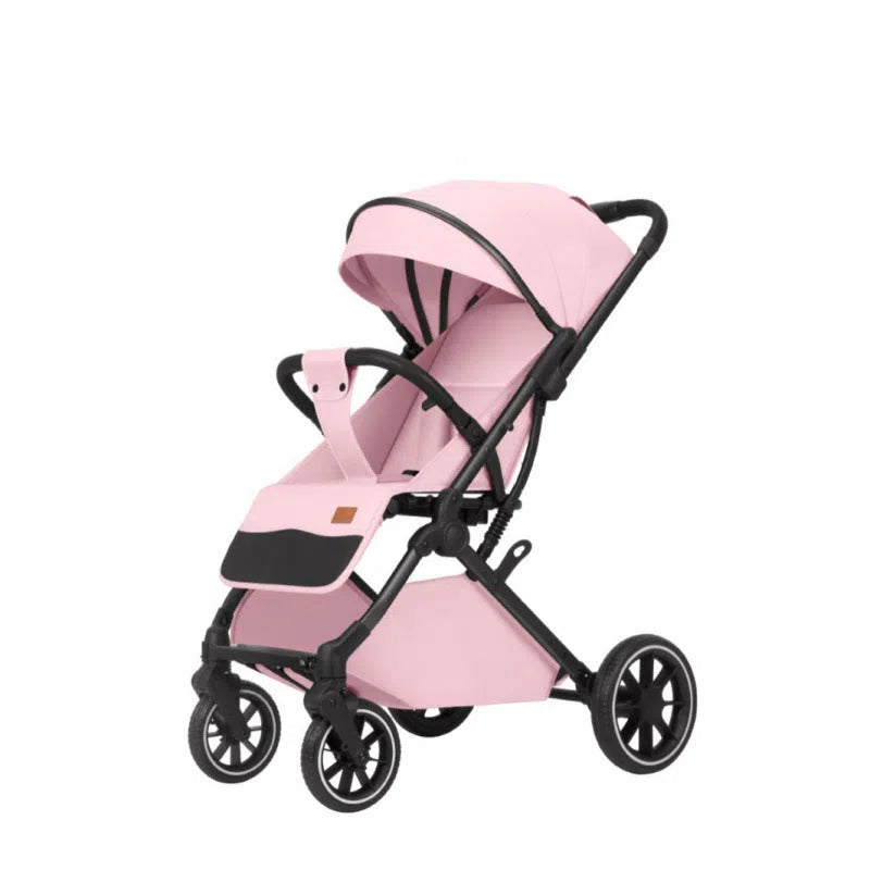 Lightweight folding baby stroller with lie-flat seat and four-wheel shock absorbers, available in black, dark grey, light grey and khaki