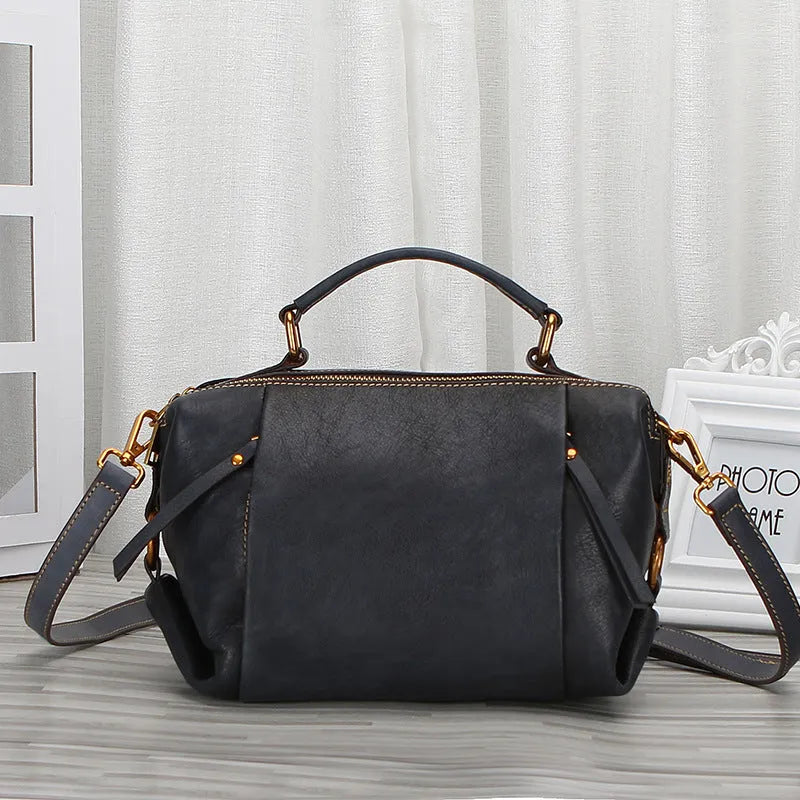Genuine leather women's shoulder bag in pillow shape with top grain leather, open pocket and choice of Brown, Coffee, Gray or Green.