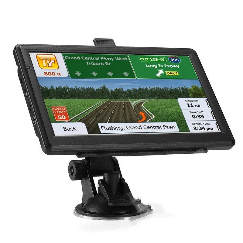 Silver 7 inch car GPS navigation device mounted on a dashboard bracket showing a map on its HD touch screen.