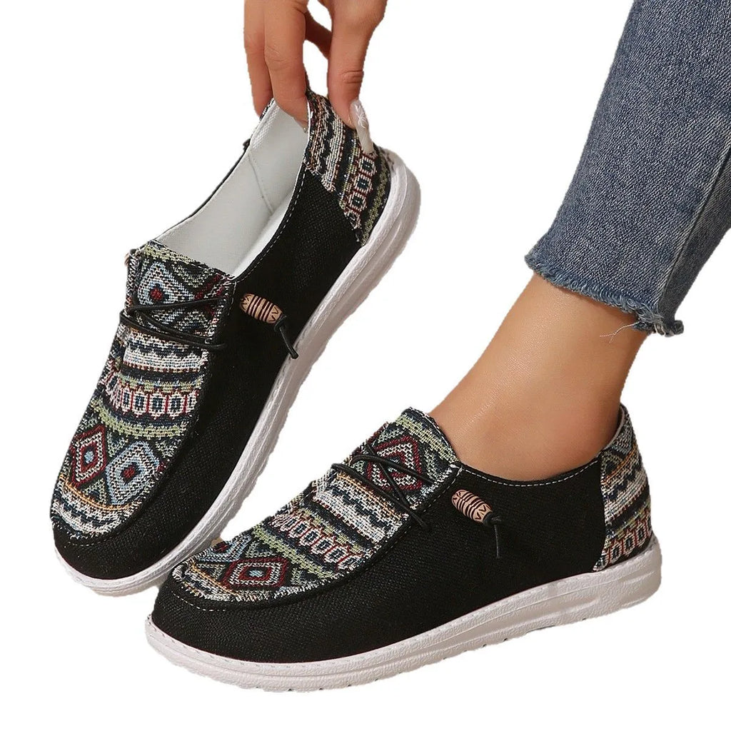 Women's flat round toe casual shoes in black, dark grey and khaki with artificial PU upper and rubber sole