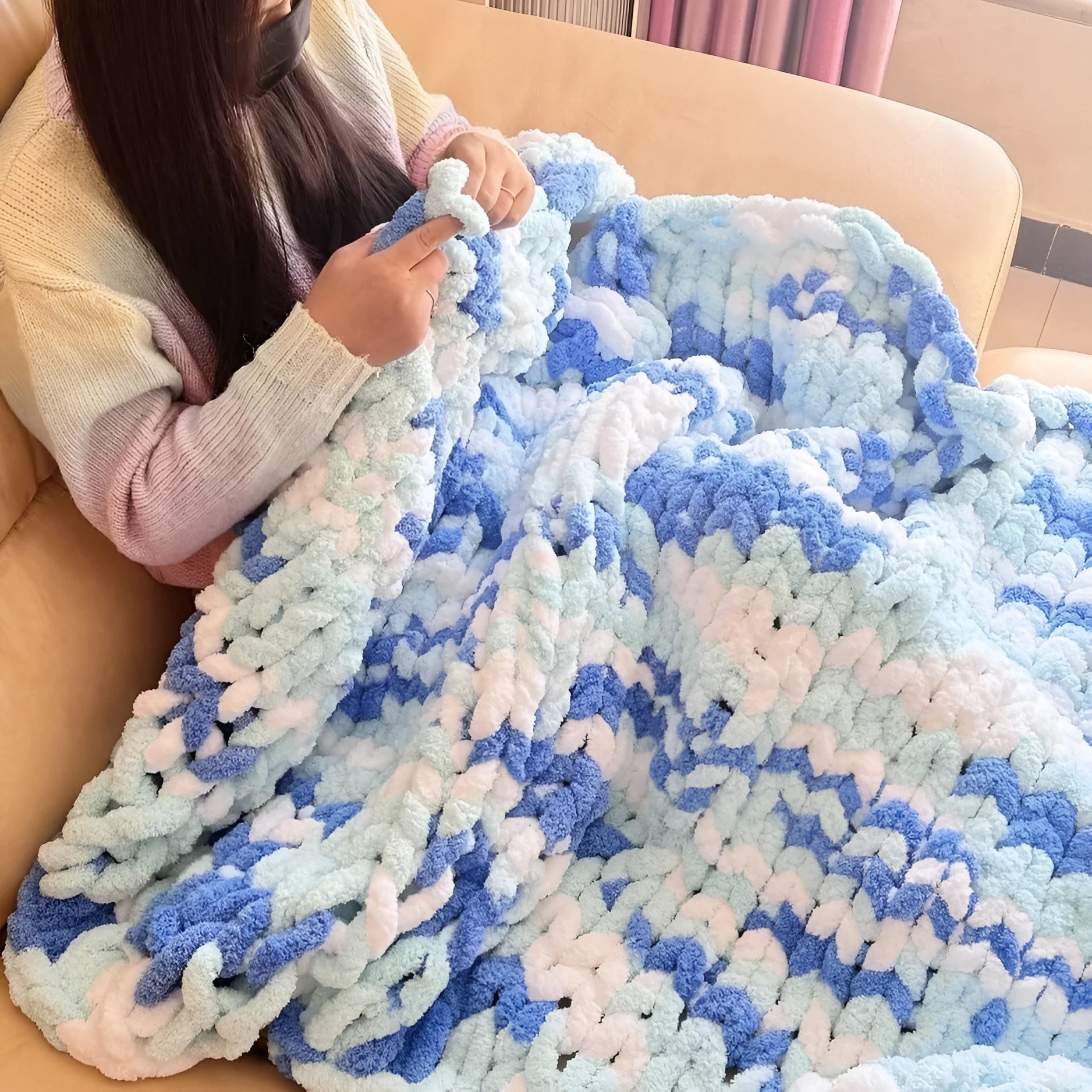 Coarse yarn chenille knitted braided gravity blanket in modern simplicity style, showing textured velvet surface.