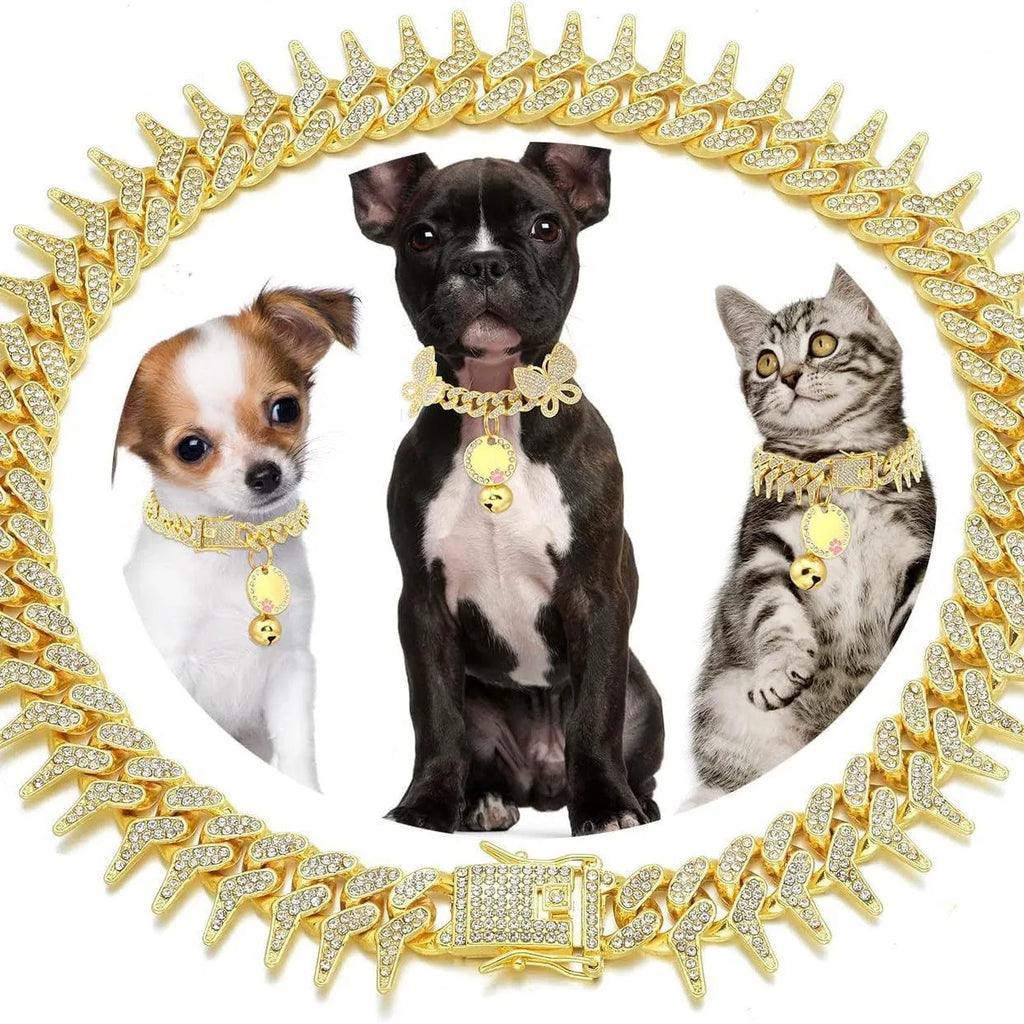 Diamond pet neckband necklace in gold with plaid pattern on a zinc alloy band, suitable for small to large pets.