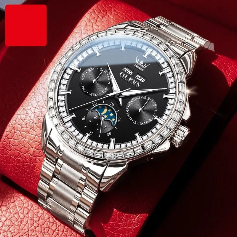 Men's automatic mechanical watch with stainless steel strap, diamond-embedded dial, and transparent case back showing movement