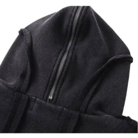 Black men's loose-fitting padded hooded coat with an abstract pattern and a zip front.
