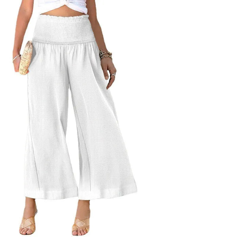 Women's high-waist straight-leg cropped trousers in cotton, shown in a light colour with a front pleat detail.