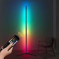 Black smart RGB floor lamp with aluminium body and silicone shade showing colour changing modes
