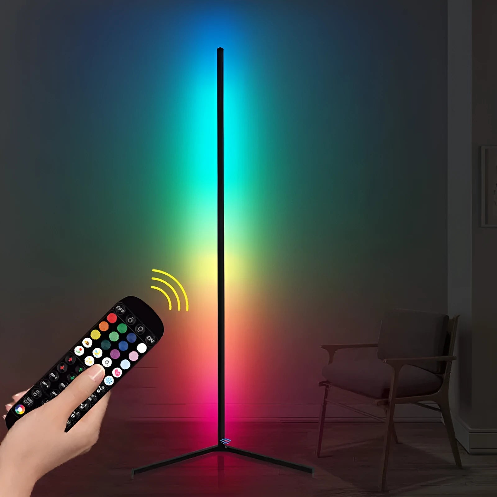 Black smart RGB floor lamp with aluminium body and silicone shade showing colour changing modes