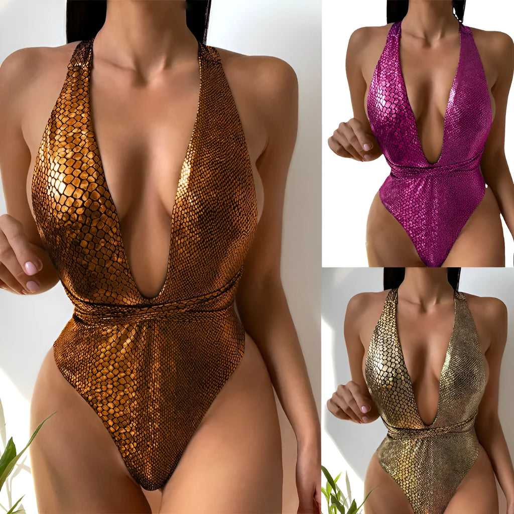 Women's sequined one-piece bikini swimsuit in solid colour with polyester lining