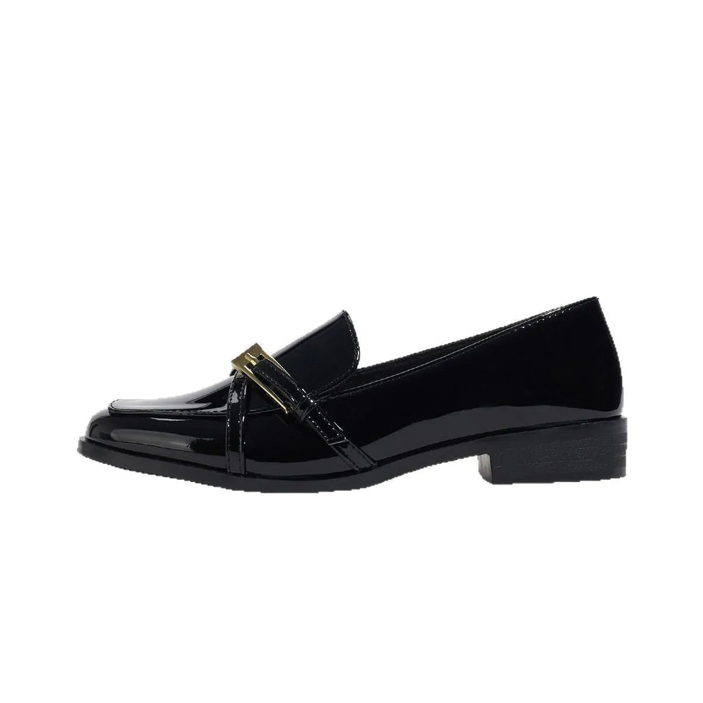 Patent leather square toe loafers in black with low heel and rubber sole