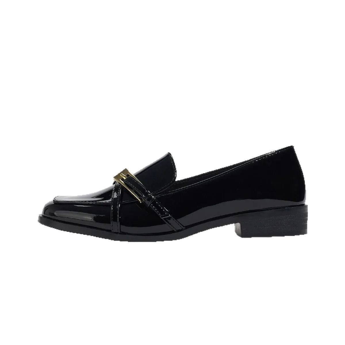 Patent leather square toe loafers in black with low heel and rubber sole