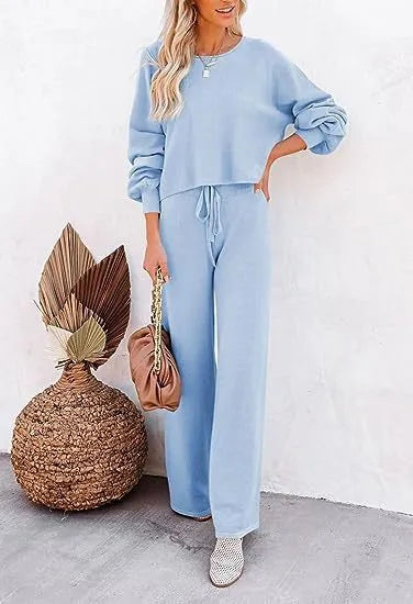 Women's casual solid colour two-piece set, long-sleeved top and trousers, polyester, beaded detail, in apricot colour
