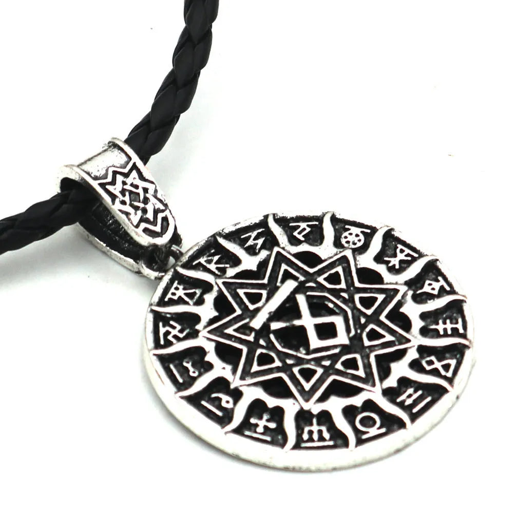 Lunavin ODing logo pendant necklace with antique silver chain on grey background