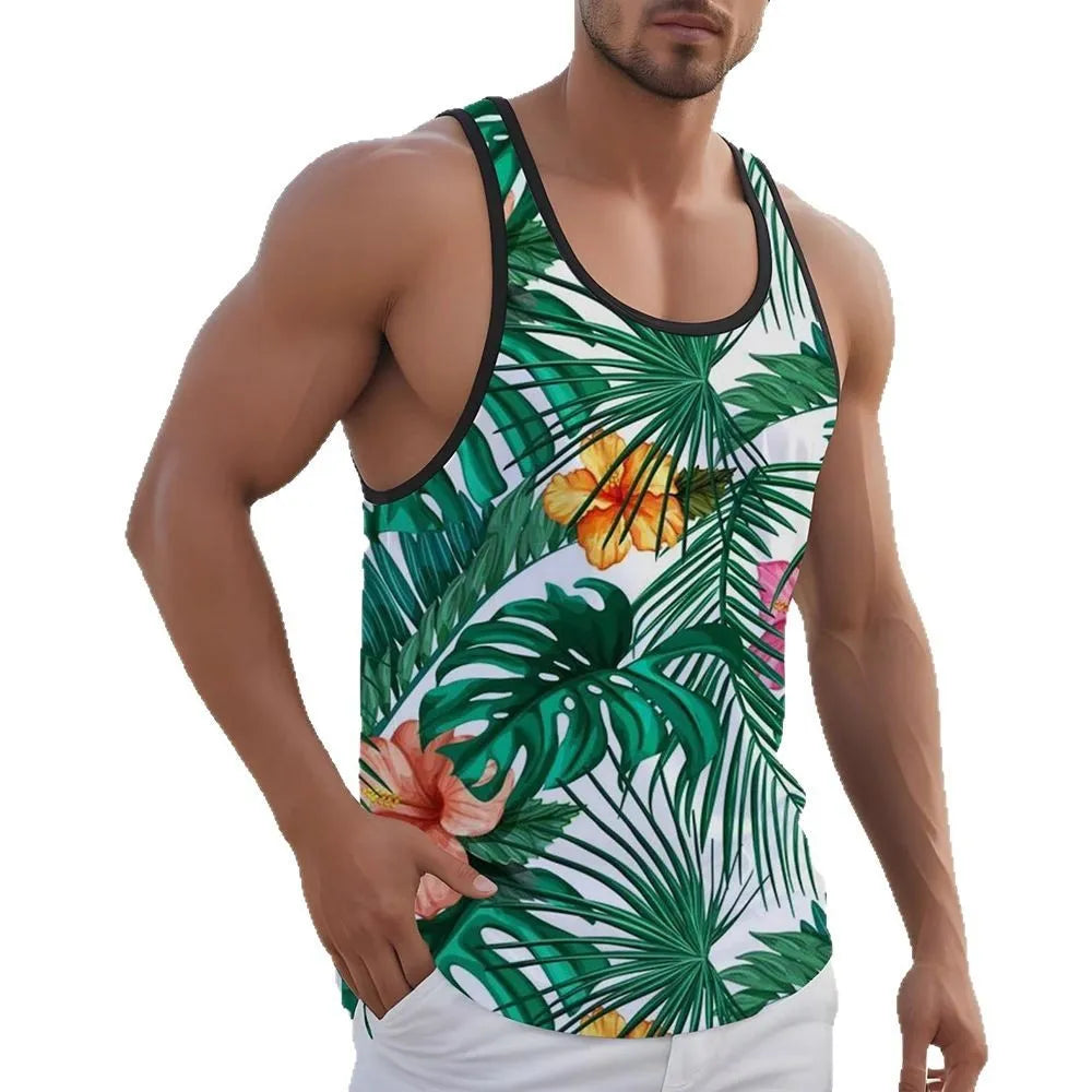 3D printed men's sleeveless vest in solid colour pinhole cloth fabric with Hawaiian style design