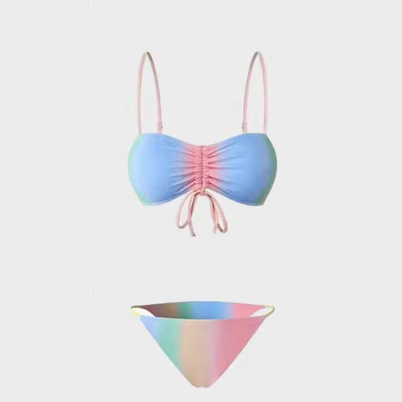 Women's lace-up bikini swimsuit set with triangle top and matching briefs