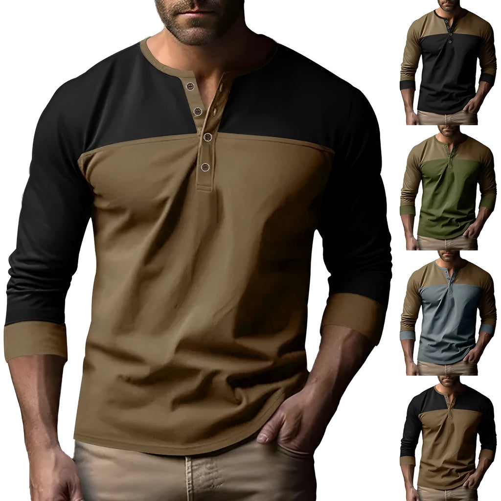 Man wearing a retro-style brown long-sleeve henley collar casual shirt.