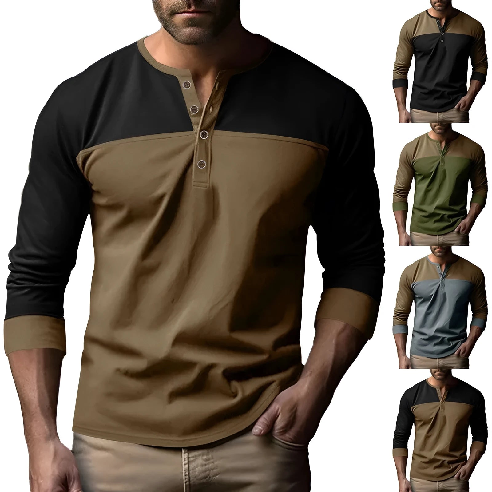 Man wearing a retro-style brown long-sleeve henley collar casual shirt.