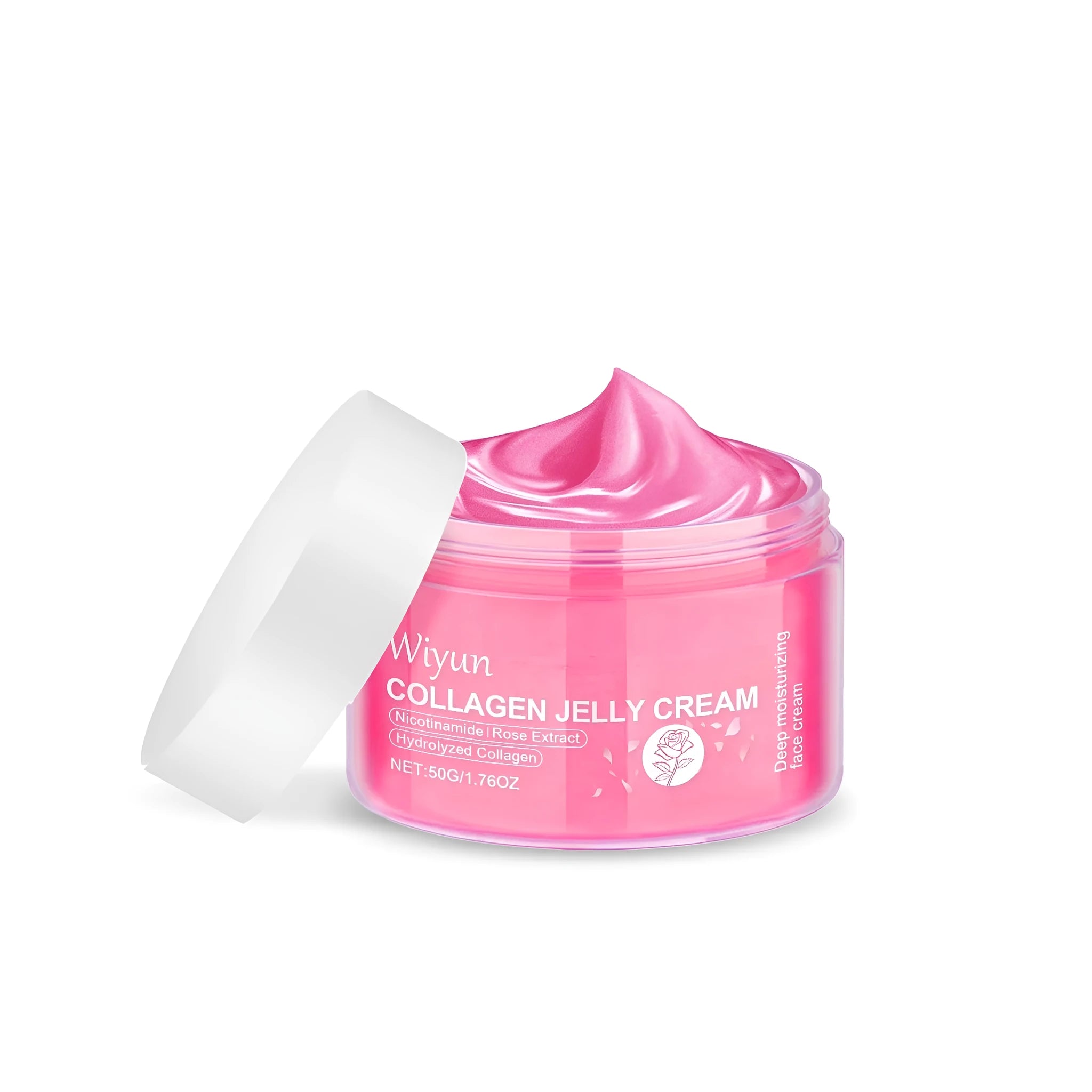50g jar of collagen rose jelly cream facial moisturiser with water-based formula