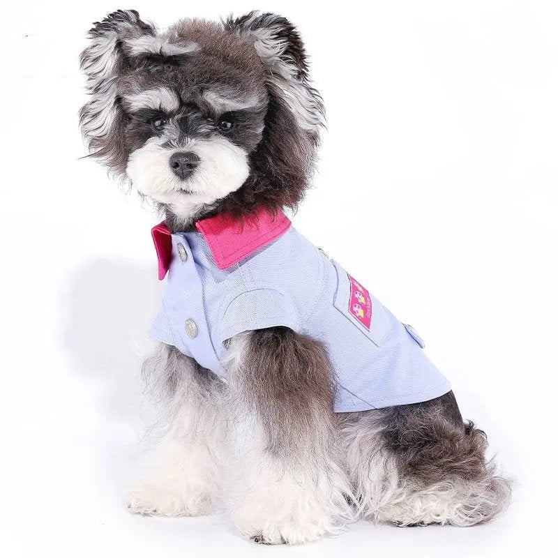 Blue and purple polyester dog harness with traction rope ring for small dogs, showing size options