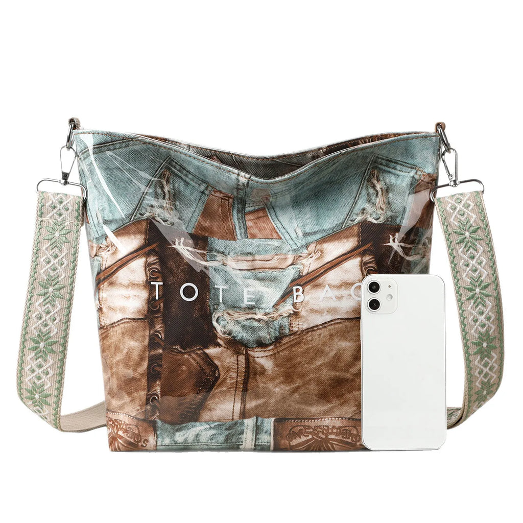 Large capacity retro patchwork PVC tote bag in pink with sandwich pocket and single shoulder strap