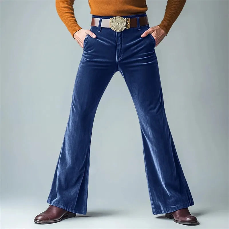 Men's gold velvet slim flared suit pants in black colour for formal banquet wear
