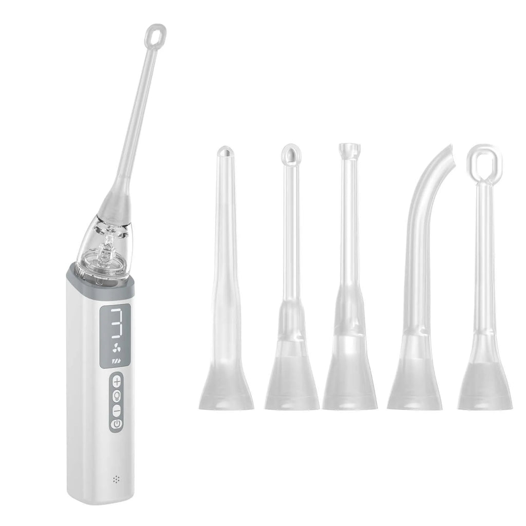 Milky white tonsil stone removal tool oral cleaning kit on a plain background.