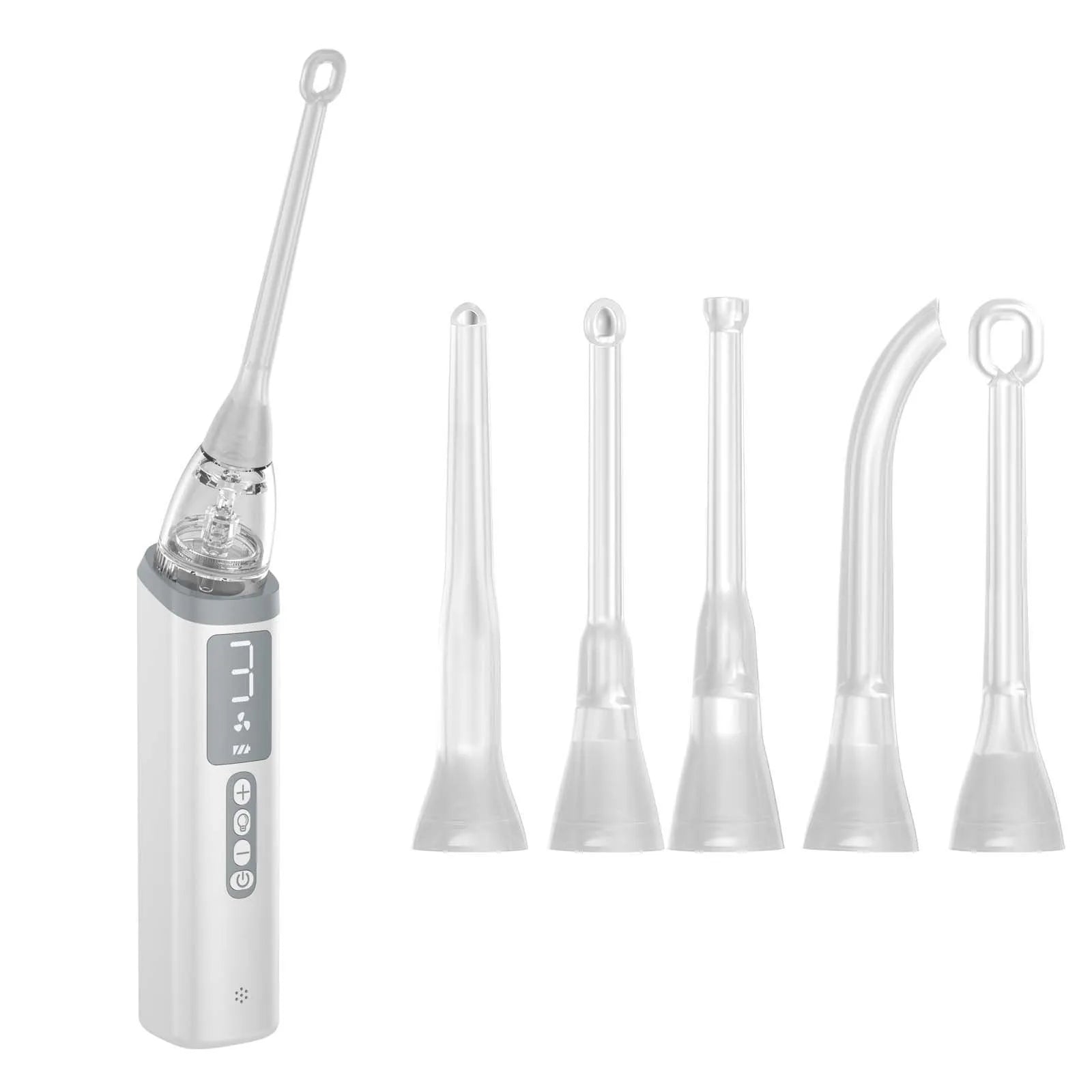 Milky white tonsil stone removal tool oral cleaning kit on a plain background.