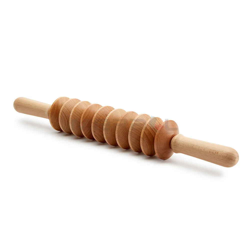 Beech wood massage roller set showing T-shaped roller and multiple wheel configurations for natural muscle relief