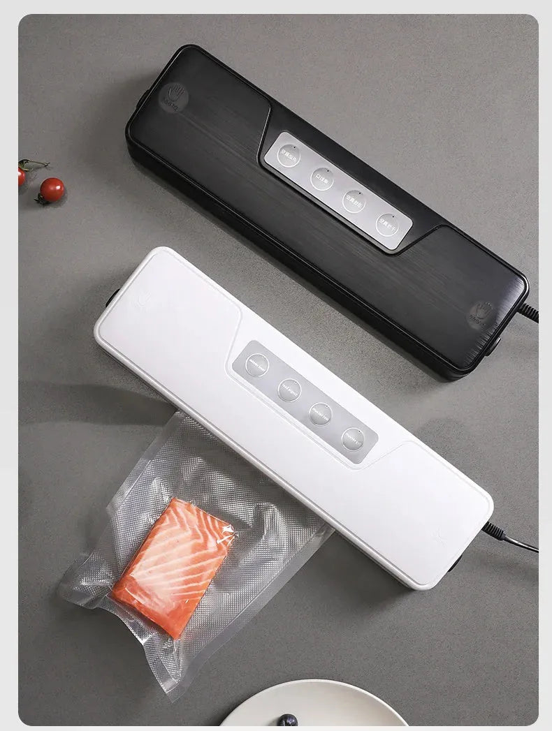 Small black automatic vacuum sealer machine for household food preservation with compact design