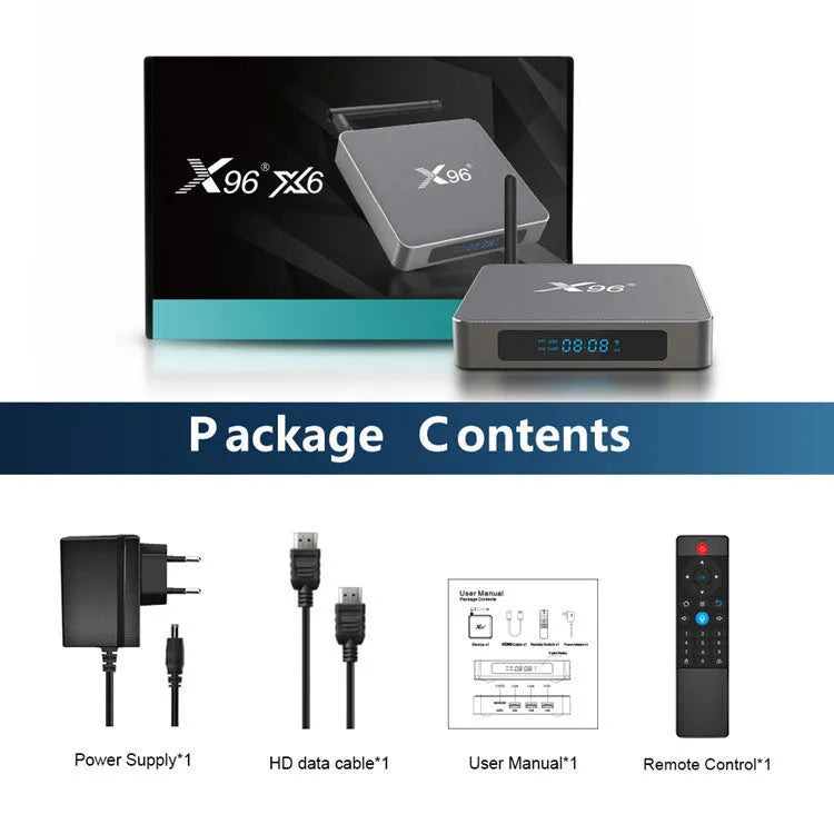 Android Smart Voice Set-top Box with remote control, HDMI cable, and power adapter on a table.