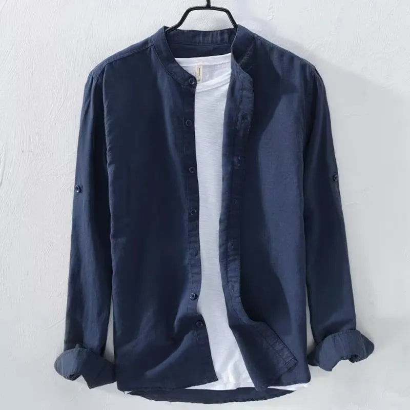 A loose-fit long sleeve casual shirt in a cotton linen blend, shown in a solid colour.