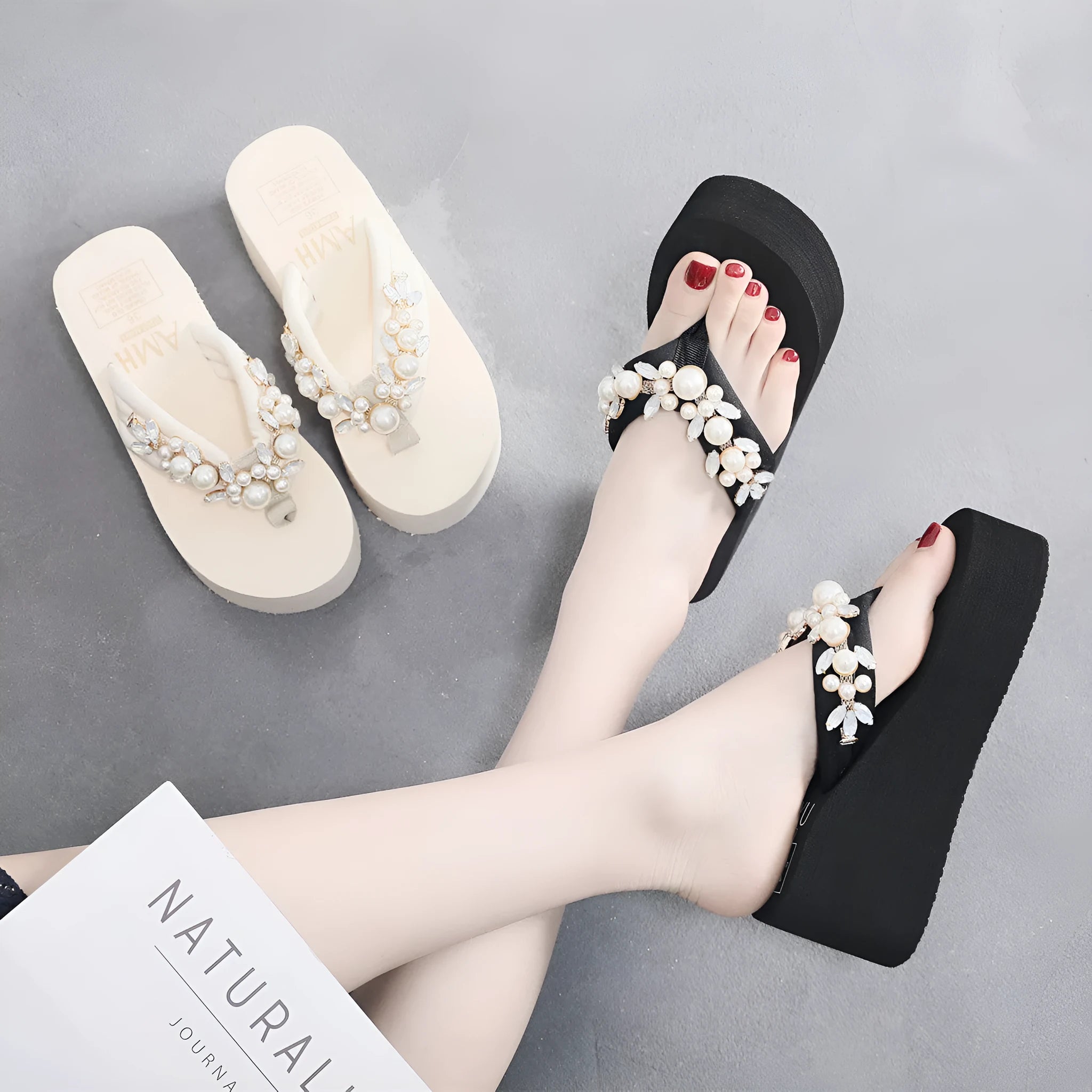 Women's high-heeled flip-flop sandals in cotton cloth, available in black and beige colours