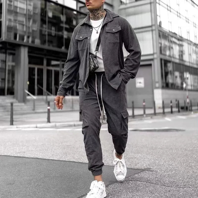 Men's cotton blend long sleeve sports suit set with jacket and trousers, casual autumn two piece in army green grey light blue khaki