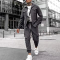 Men's cotton blend long sleeve sports suit set with jacket and trousers, casual autumn two piece in army green grey light blue khaki