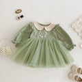 Girls' floral spring dress, long sleeve cotton, beige and pastoral green, suitable height 73-120