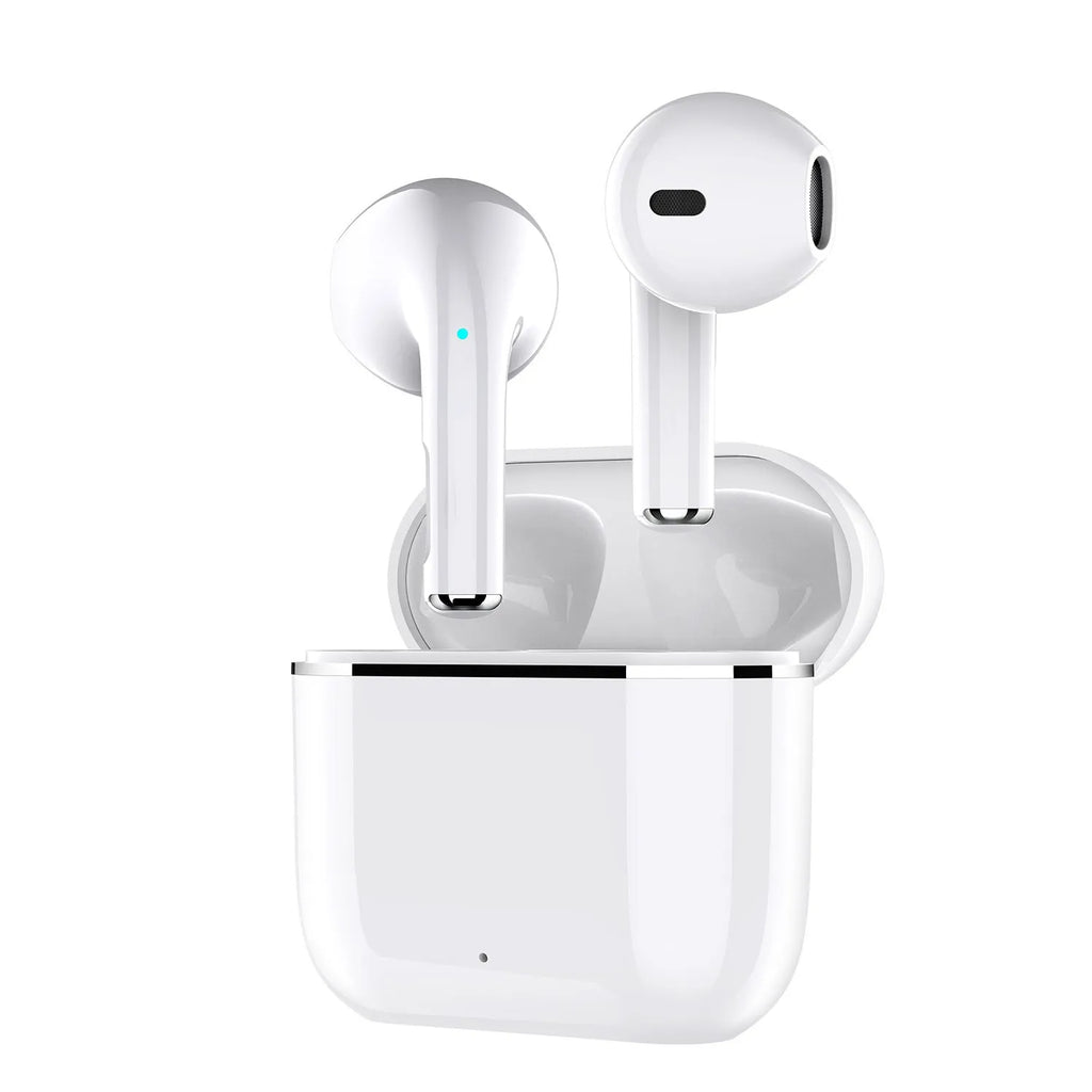 Wireless half in-ear Bluetooth headset in white with plastic build and compact charging case