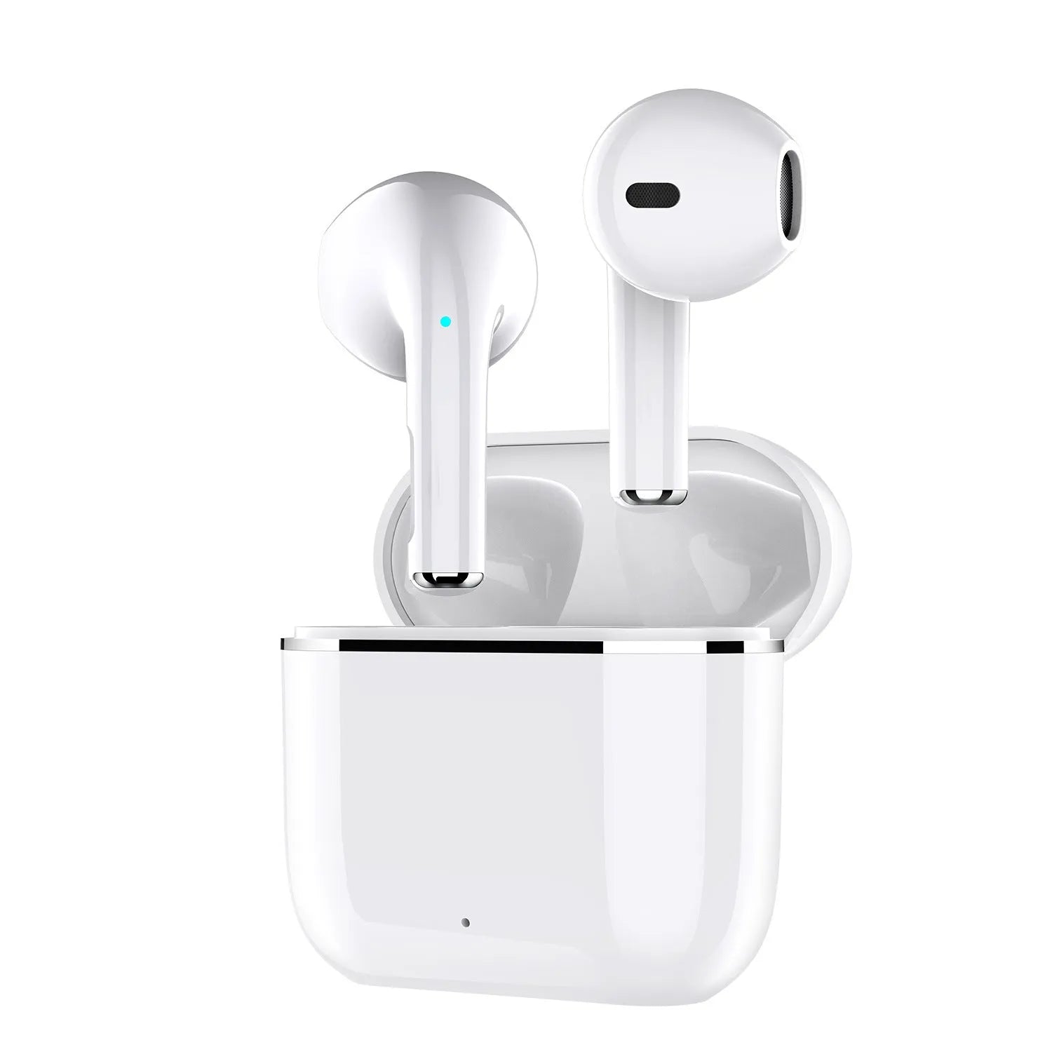 Wireless half in-ear Bluetooth headset in white with plastic build and compact charging case