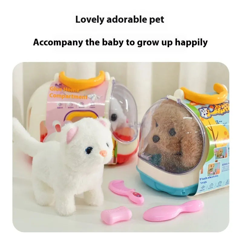 Children's electric plush toy set with animal figures in themed cage, includes Bichon Frise, Corgi, and Red Rabbit options