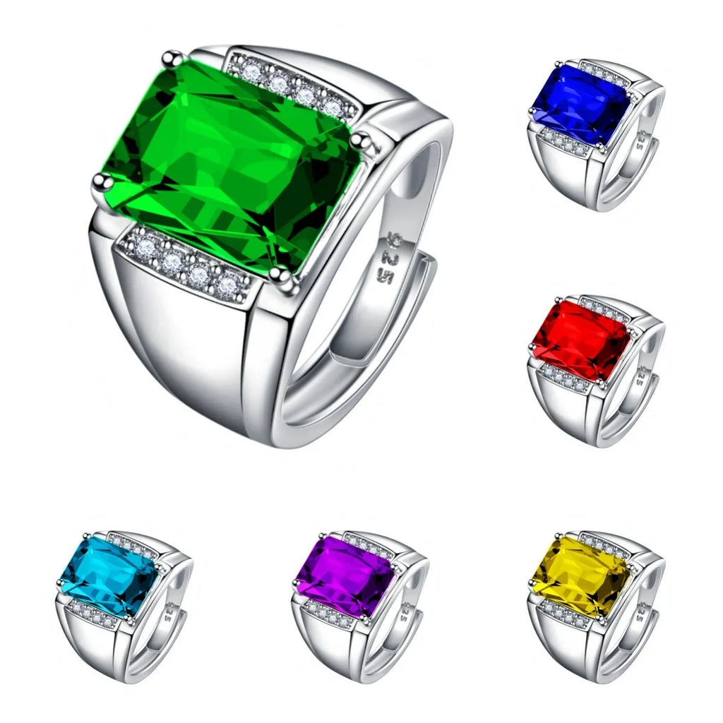 Adjustable copper ring with geometric band and a colourful rhinestone in a white gold coloured setting.