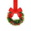 Handmade Christmas garland with bowknot ribbon and pinecone detailing in red, green, or camel colourway
