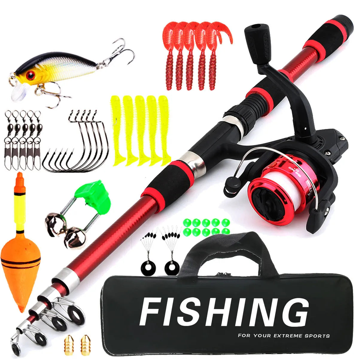 Children's beginner fishing rod set showing pole, reel, and tackle box accessories in blue colour option