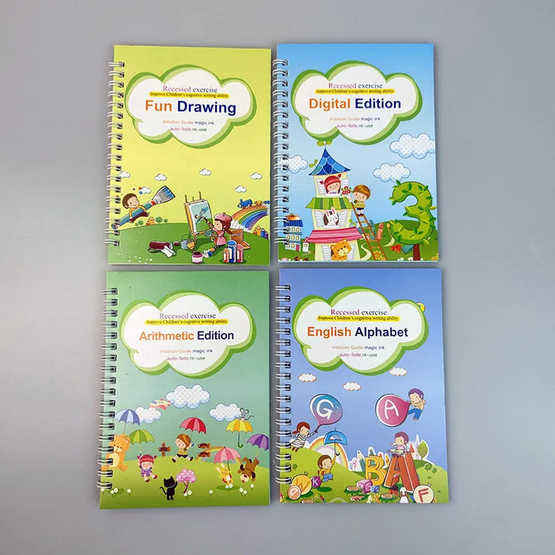Children's magic calligraphy copybook set showing four coloured books, magic stylus pen, and refills with 3D slot writing design