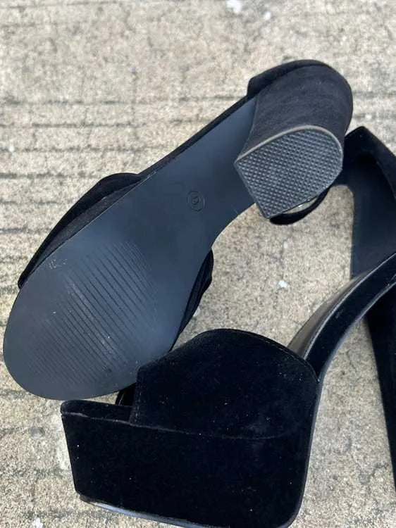 Black suede 13cm chunky heel platform sandals with ankle-strap buckle for women