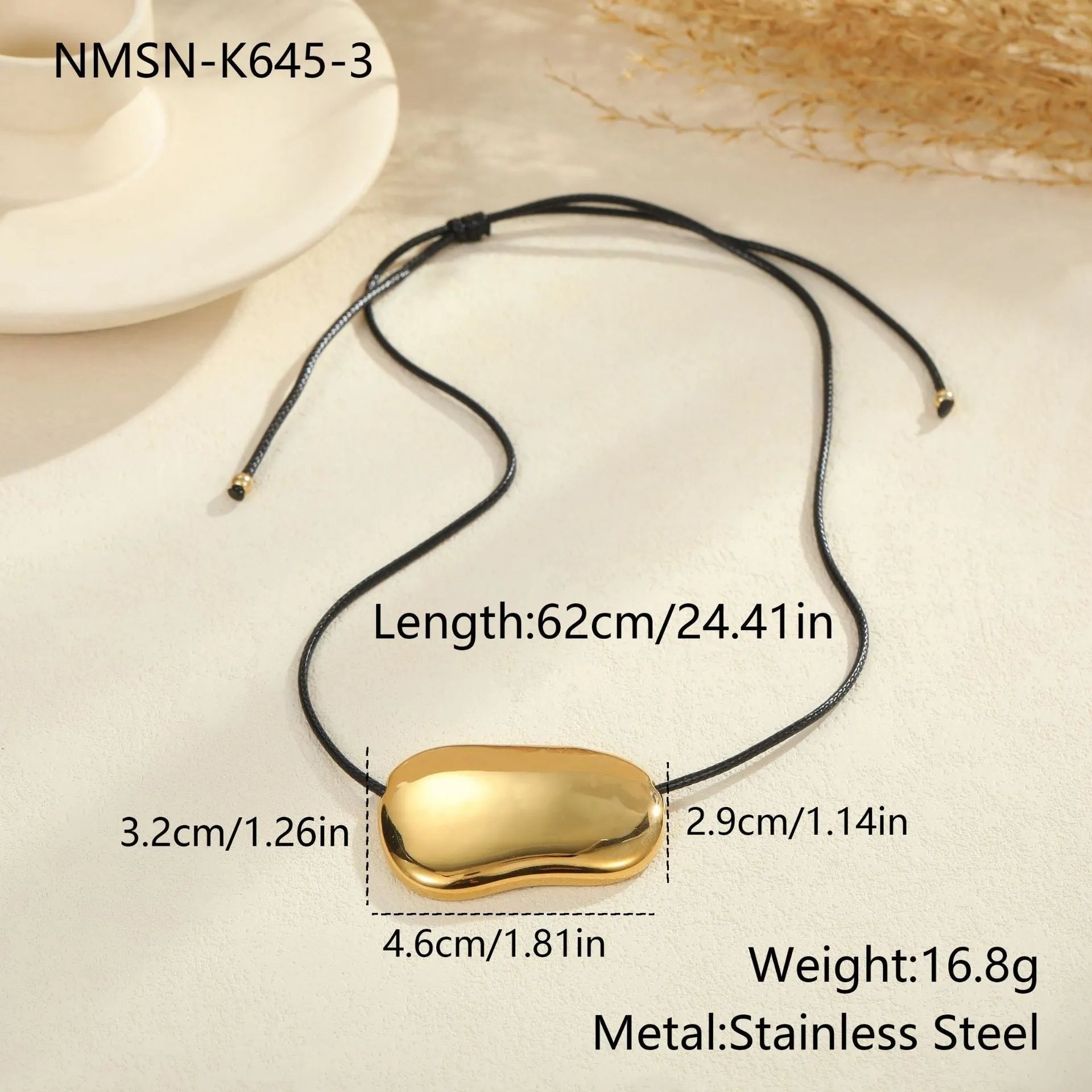 Black rope chain necklace with geometry pendant in gold or silver tone, minimalist collar style