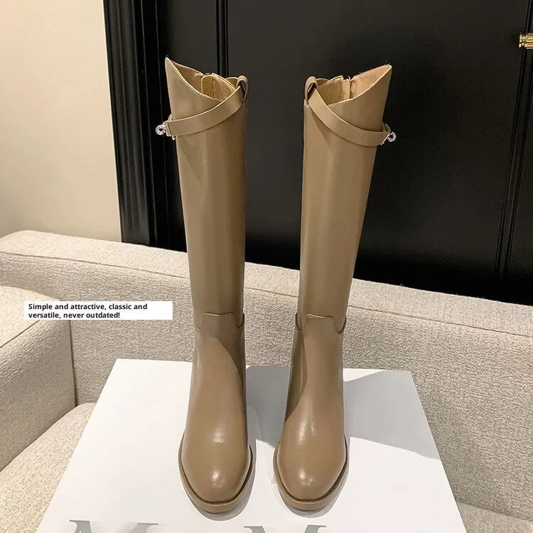 First layer cowhide below the knee boots with low heel and back zipper in black