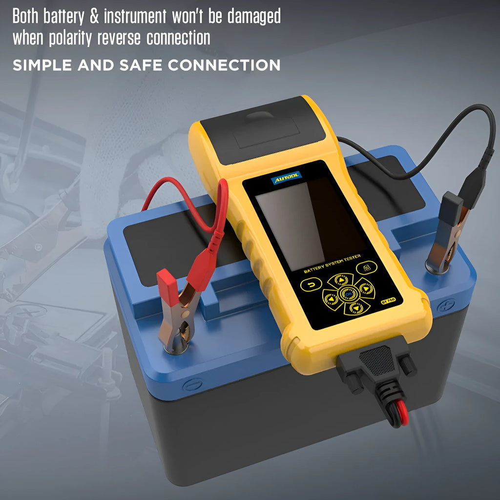 Autool BT760 vehicle battery tester with colour screen, thermal printer, and test clips on a workshop bench.