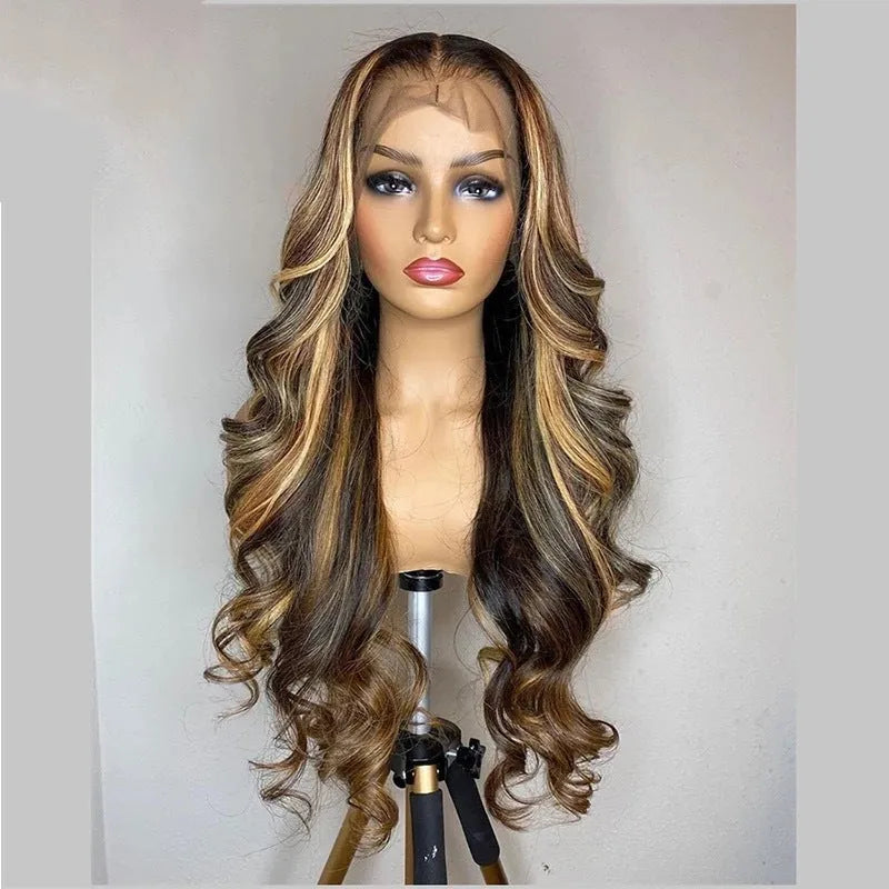 Front lace wig with gradient colour long curly hair that can be straightened flat